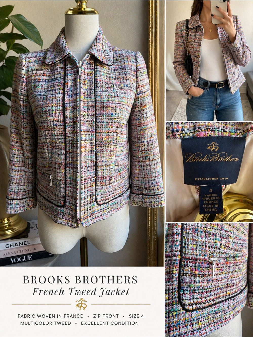Brooks Brothers French Tweed Jacket Multicolor Bouclé Zip Blazer size 4